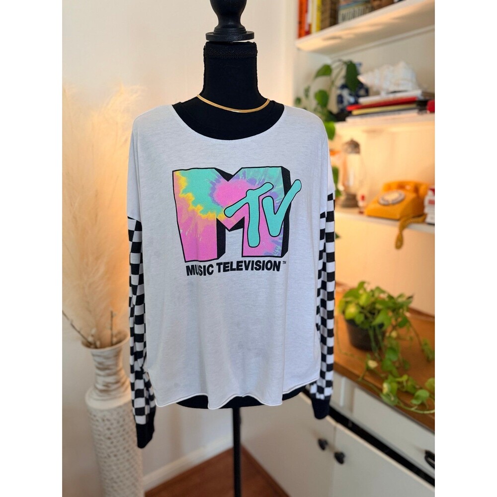 Retro tie dye Neon MTV logo graphic  black and white checkered long sleeve shirt